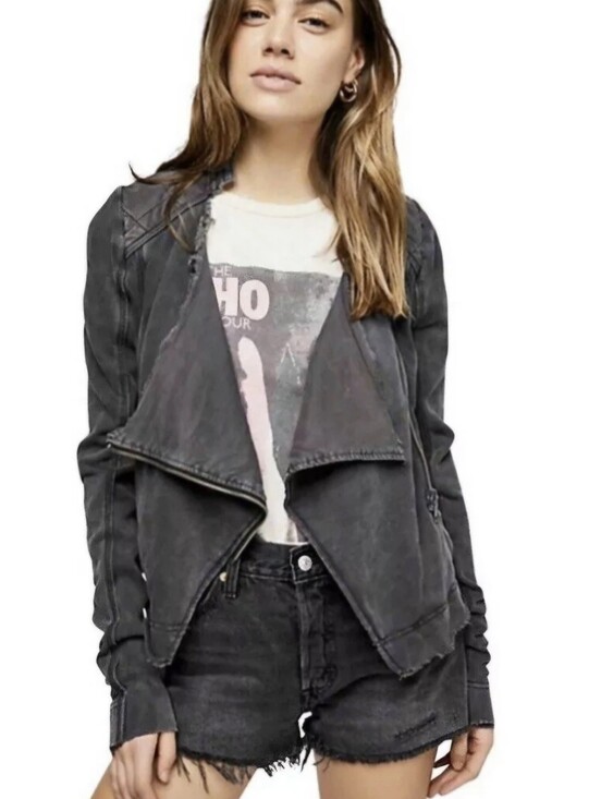 Free People Jackets & Blazers - Free People Distressed Charcoal Gray Wash Cotton Shrunken Moto Jacket Size S